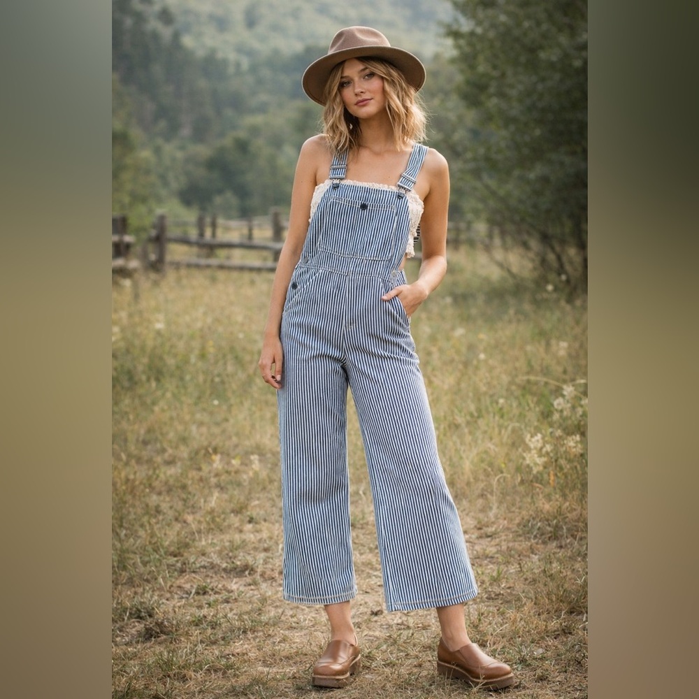 Vtg 70s Sears Jr Bazaar Hickory Stripe Overalls Crop Flare Denim Blue 27 x 24.5